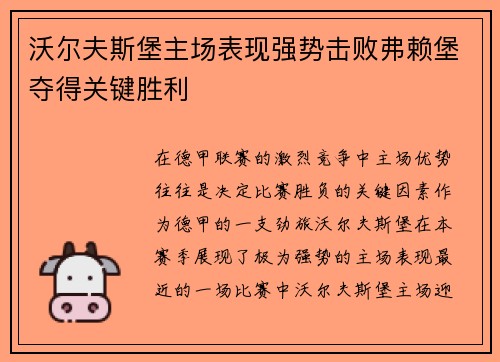 沃尔夫斯堡主场表现强势击败弗赖堡夺得关键胜利