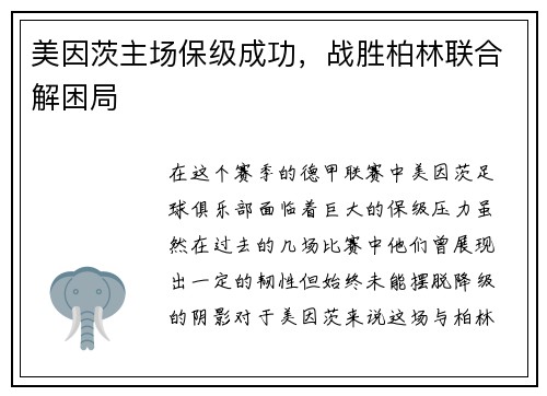 美因茨主场保级成功，战胜柏林联合解困局